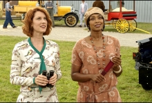 Lauren Lee Smith enjoying  the airshow with Chantel Riley in The Frankie Drake Mysteries