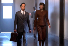 Matt Bomer as Hawkins "Hawk" Fuller and Erin Neufer as Mary in Fellow Travelers for Showtime/Paramount +