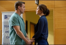 Michael Shanks and Erica Durance share a moment on Saving Hope for CTV